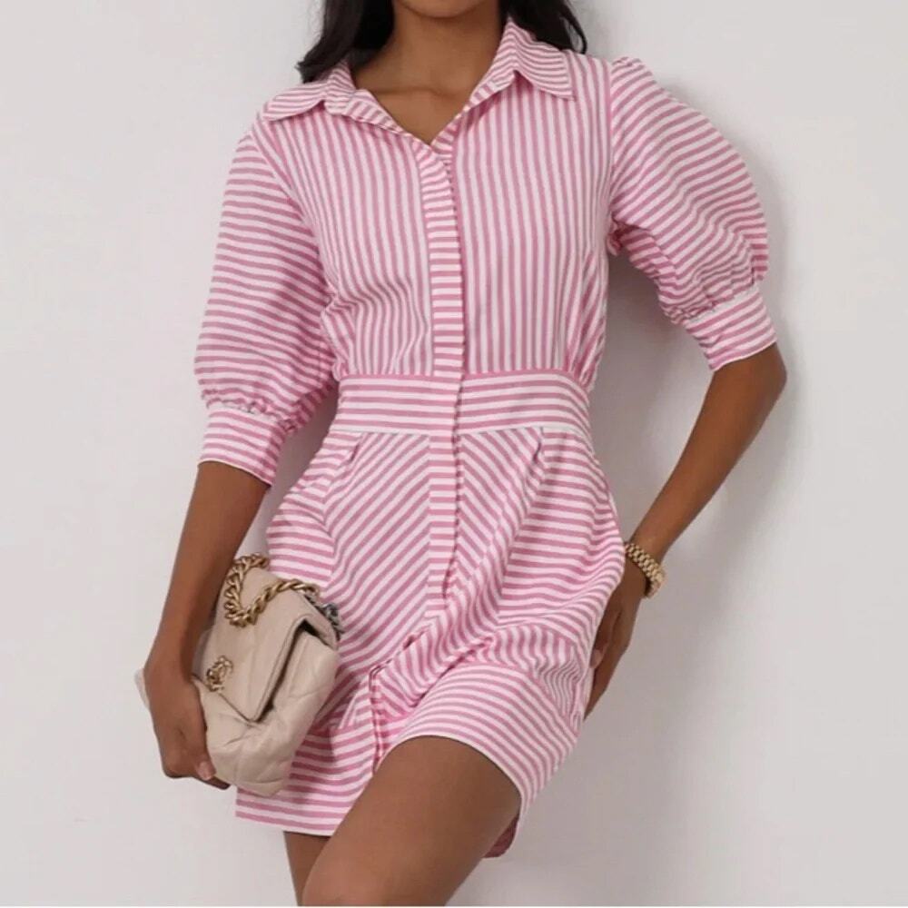 Vita Grace Levante Stripe Shirt Dress Pink Sunset Puff Sleeve SZ L NWT